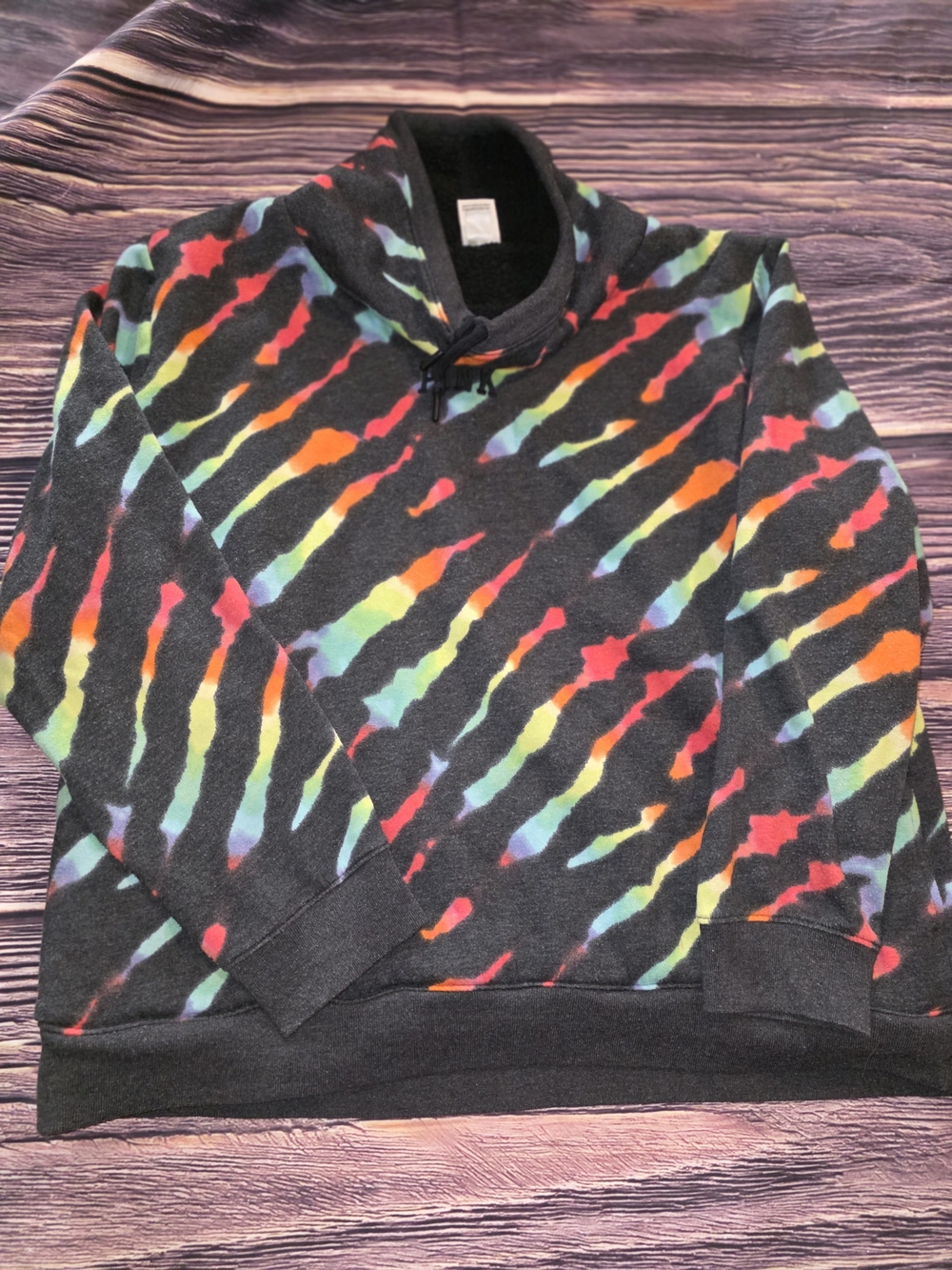PINK Victoria's Secret Black Crewneck with Rainbow Tie-Dye Stripes